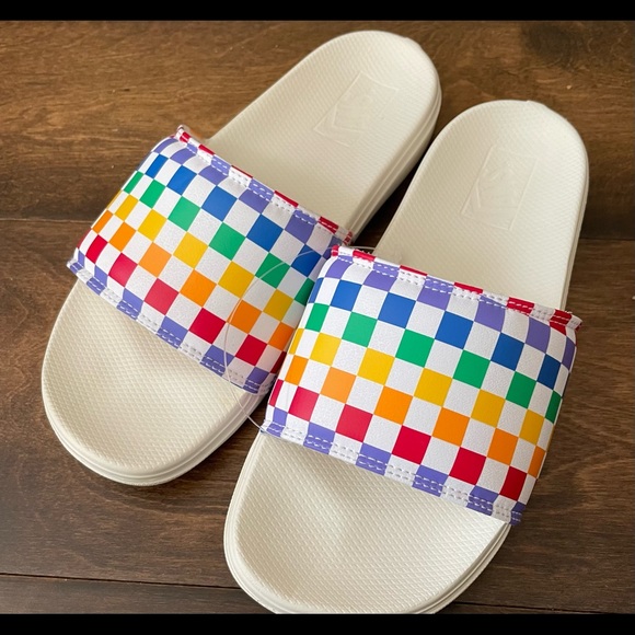 vans checkerboard slides rainbow